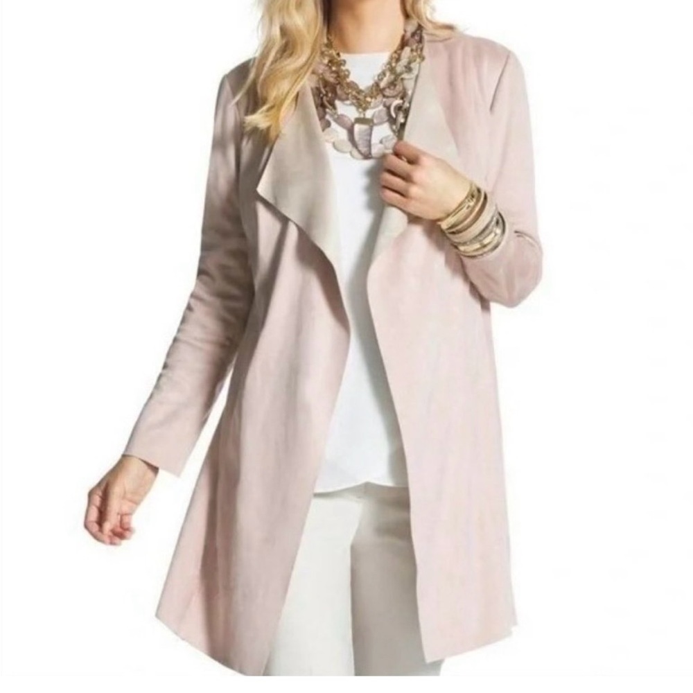Chico's dusty pink faux suede duster jacket cascading open front long sleeves.